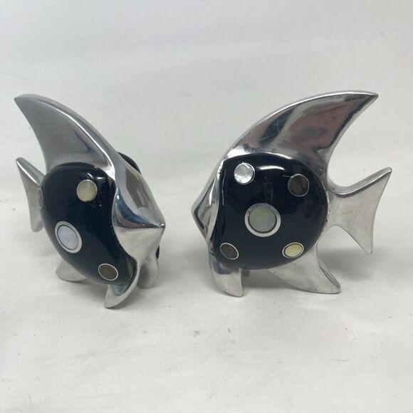 Vintage Silver & Black Metal Pair Fish Figurines With Inlaid Stone Abalone *RARE - Picture 8 of 11